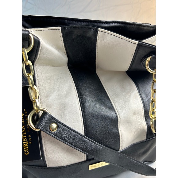Christian Siriano for Payless Tote Bag Black White Striped Gold Chain New NWT - Picture 4 of 11